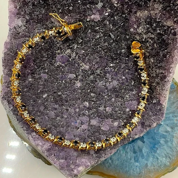 7 1/2” 12KGoldOver Sterling Silver(925) Midnight Blue Sapphire&Diamond Bracelet - Picture 4 of 6